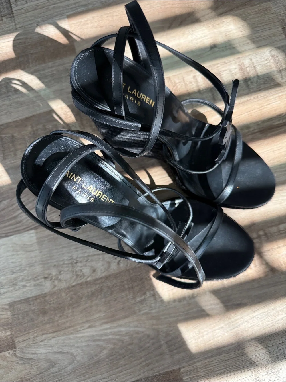 Saint Laurent Black Strappy Logo Wedge Sandals